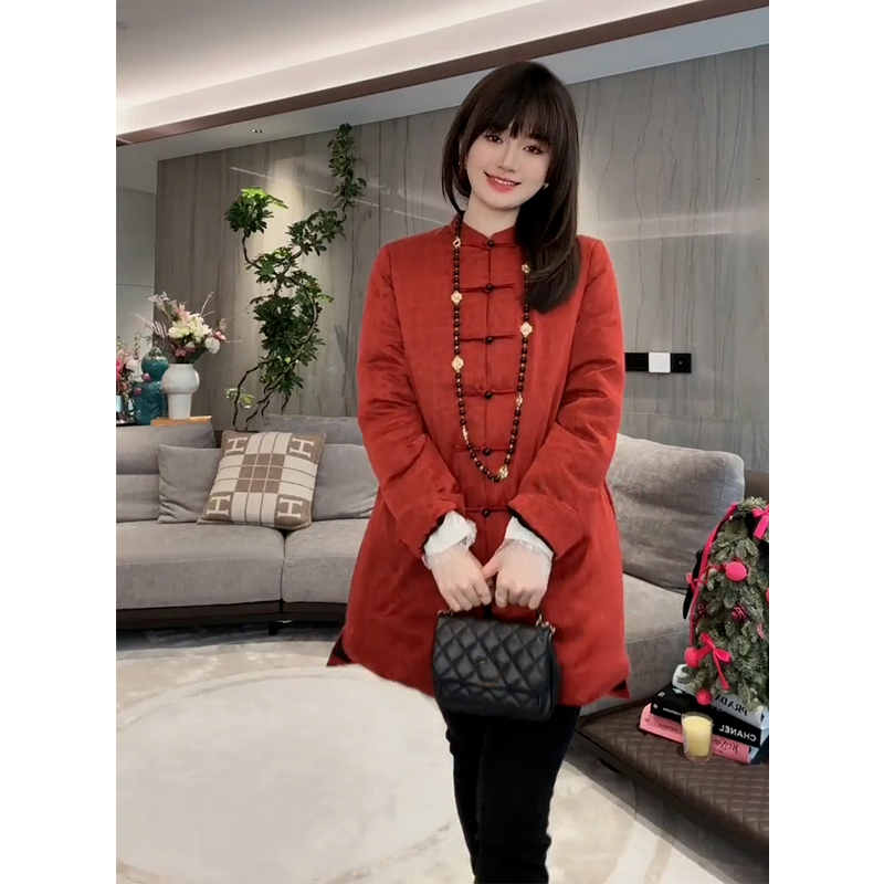 New Year wearing a new Chinese light national wind This year Red cotton padded jacket Buttoned Cotton Jacket Woman thickened 2023 Winter-Taobao