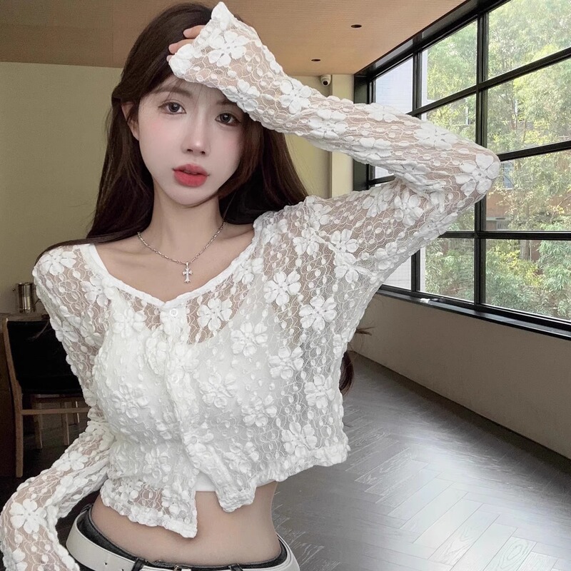 White Sun Protection Lace Cardigan Jacket for Women, Summer Thin Outerwear, Shawl, Hollow-Out, Slightly See-Through, Long-Sleeved, Short Top