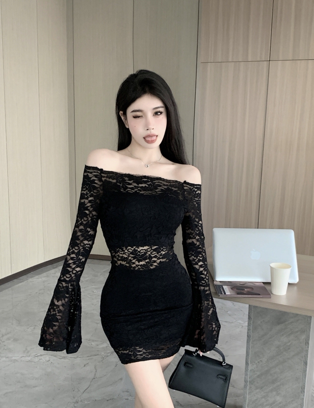 Hot Girl Versatile Off-Shoulder Sexy Long-Sleeve Dress with Lace Hollow Design, Bell Sleeves, and Bodycon Mini Skirt for Women