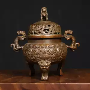 铜器  香炉  三足象耳三面狮头香炉 香道具  工艺品  美术品  摆件 仿古铜器狮盖炉宣德三足炉家用檀香沉香香炉熏
