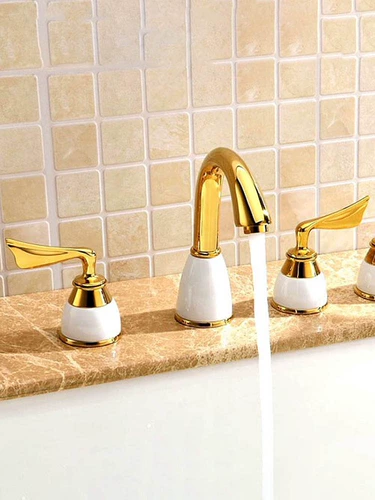 Золотой смеситель для горячей и холодной воды в европейском стиле, умывальник под шкафом, умывальник с тремя отверстиями и двойной ручкой, умывальник для ванной комнаты, антикварная вся медь