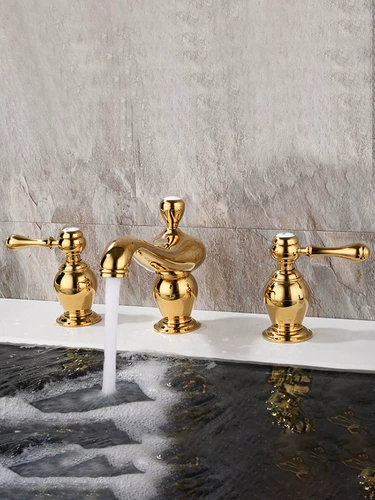 Золотой смеситель для горячей и холодной воды в европейском стиле, умывальник под шкафом, умывальник с тремя отверстиями и двойной ручкой, умывальник для ванной комнаты, антикварная вся медь