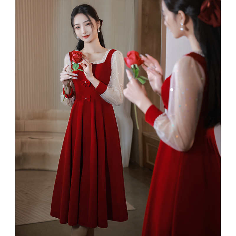 Toast The bride can normally wear an engaged foreign dress Wine Red Dress Woman slim High Sensation Yarn Sleeves Small
