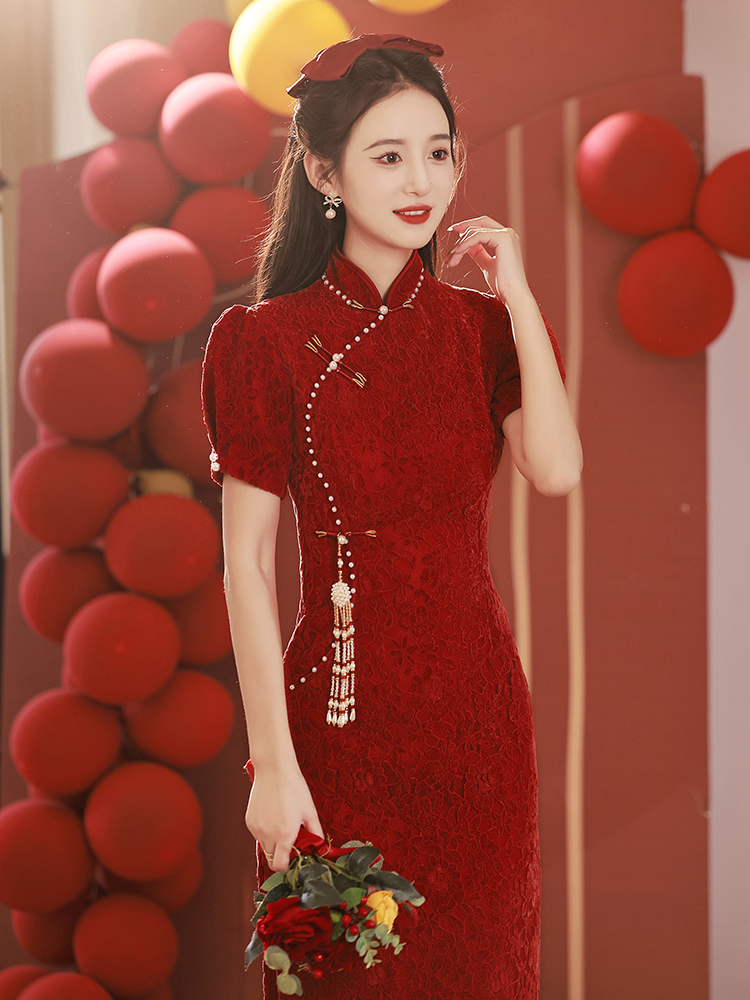Red cheongsam, evening dress, skirt, suitable for teen