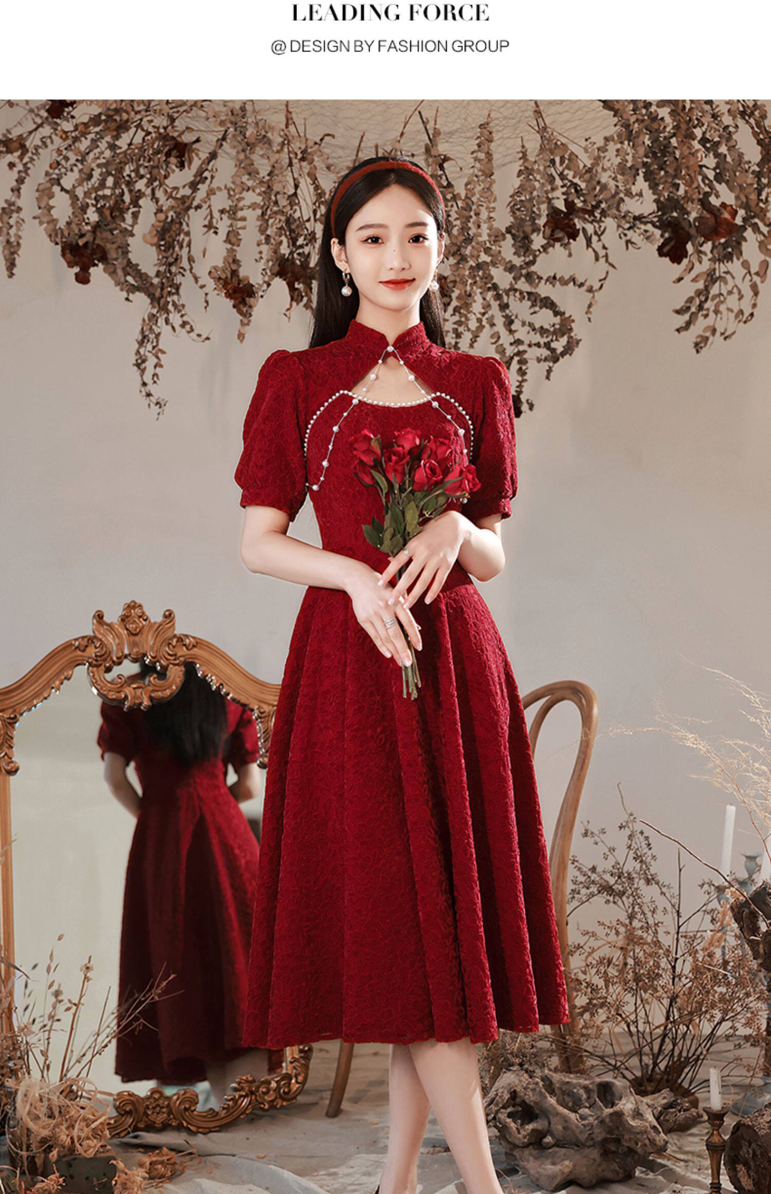 红色旗袍敬酒服新娘小个子礼服裙结婚回门平时可穿订婚裙子-阿里巴巴
