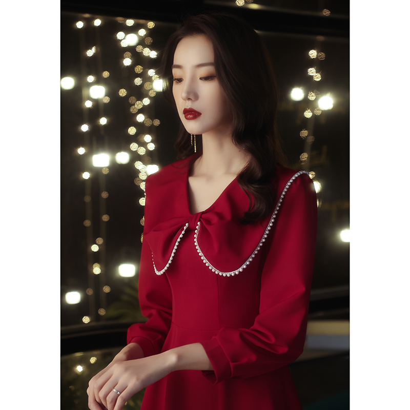 Toast to the brides normally able to wear wine red long sleeves Back to door small Dress Girl nepotism dress Dress Autumn Winter-Taobao