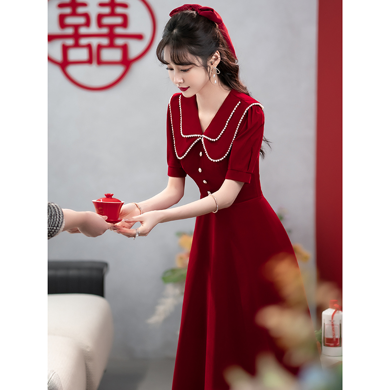 Toasting clothes bride small summer back to the door red engagement dress can usually wear dress skirt female high-end sense