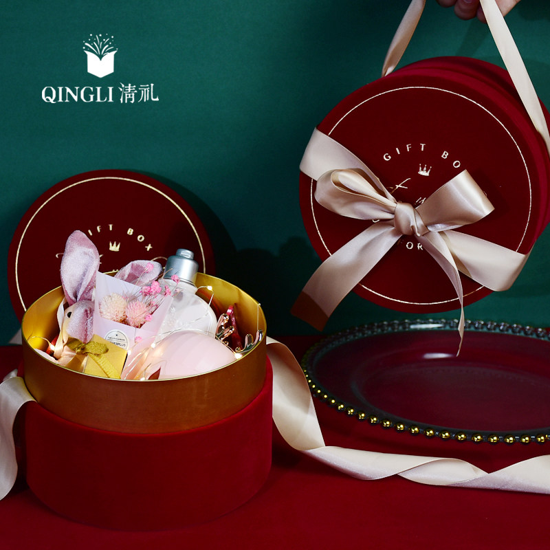 Round gift box velvet cloth wedding souvenir bridesmaid gift box birthday full moon engagement INS red empty box