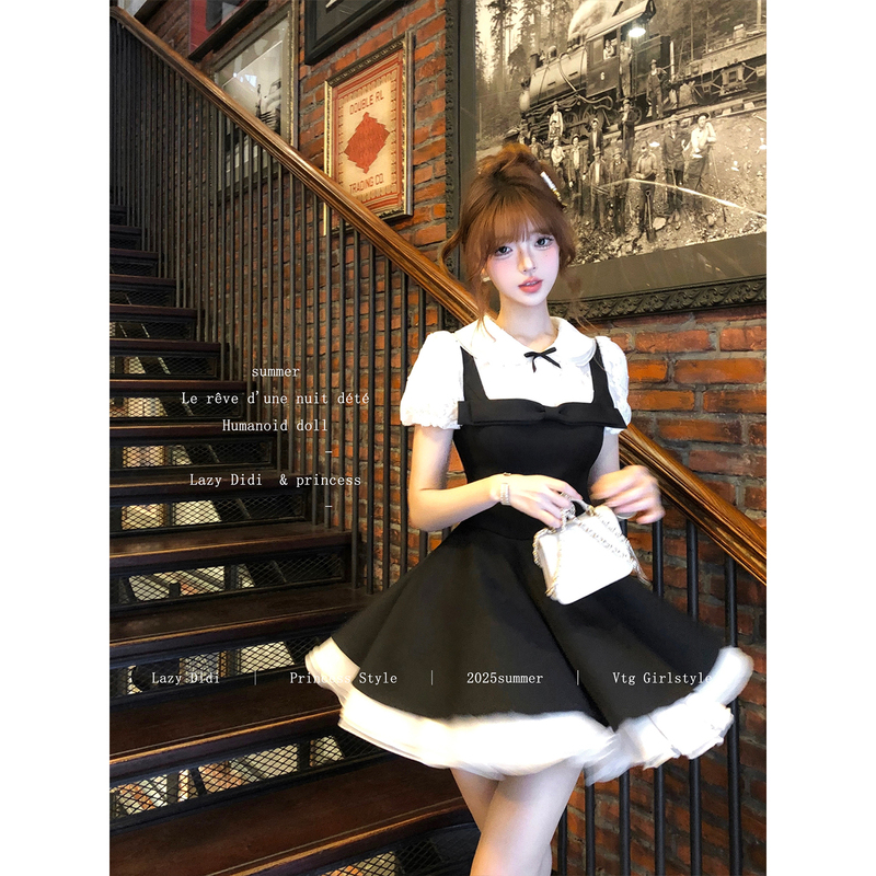 Lazy Didi Classic Silhouette Fake Two-Piece Five-Layer Skirt Princess Dress with Retro Puff Sleeves Lazy Didi Classic Silhouette Fake Two-Piece Five-Layer Skirt Princess Dress with Retro Puff Sleeves