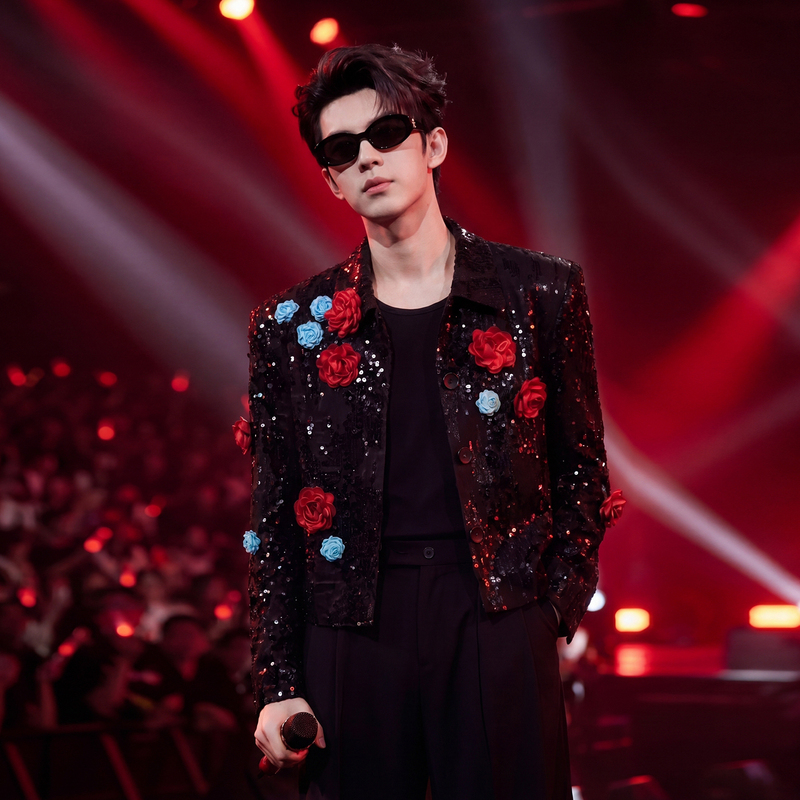Sen Zhi Light Luxury Style Black Short Jacket for Men, Niche Sequin Three-Dimensional Flower Design Stage Performance Coat Sen Zhi Light Luxury Style Black Short Jacket for Men, Niche Sequin Three-Dimensional Flower Design Stage Performance Coat