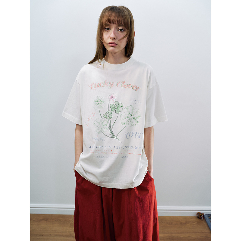 Hello September【Daihe】Spring Large-Size Vintage-Style All-Cotton Printed Mid-Length T-Shirt H60473