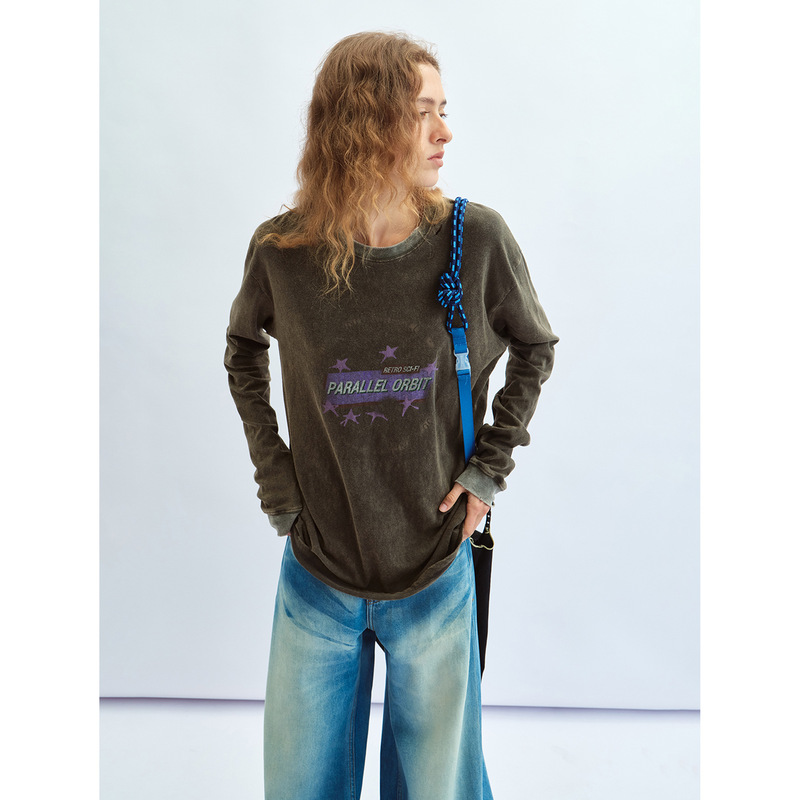 Hello September【识时黑标】Heavy-Duty Vintage-Style Printed Long-Sleeve T-Shirt V60447