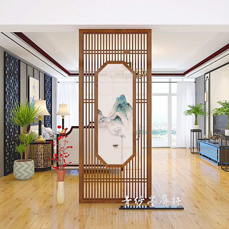 New Chinese Screen Partition Passenger Dining Room Solid Wood Entrance decoration Xuanguan Mobile Brief About half through hollowed-out yarn holder screen-Taobao