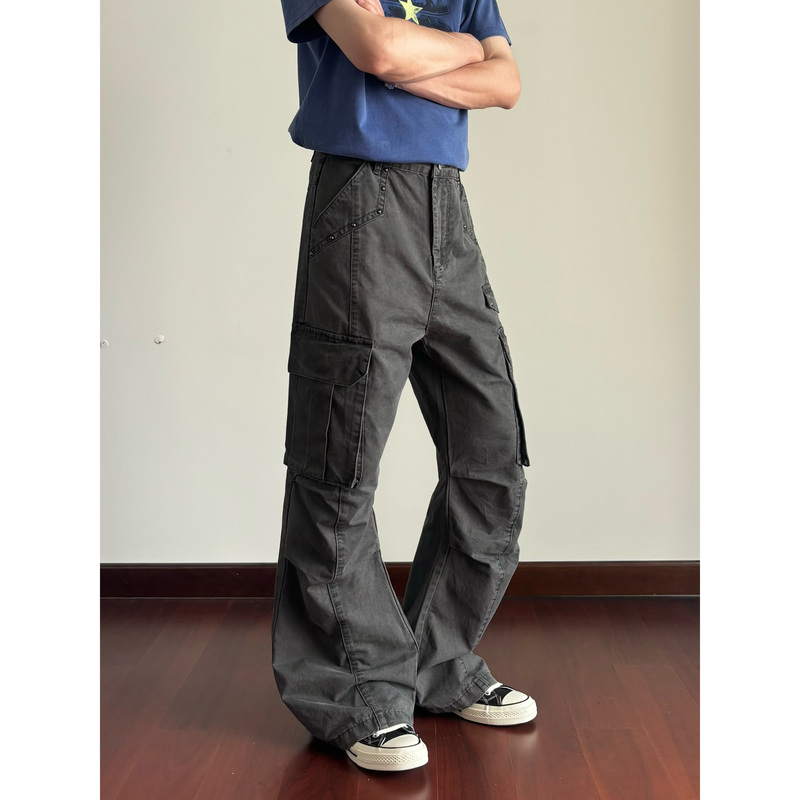 Unlg American Retro Washed Heavy-Duty Rivet Multi-Pocket Flared Cargo Pants for Men, Loose Wide-Leg Drape Casual Pants