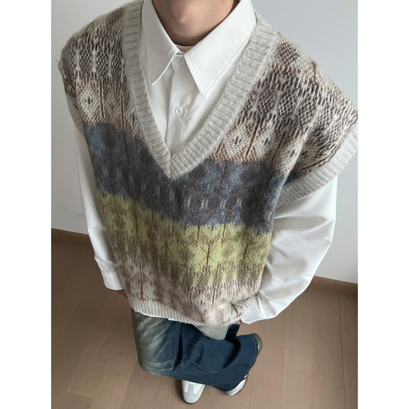 Unlg American Retro Color-Block Jacquard Sweater Vest for Men, Autumn and Winter, Loose Fit, Atmospheric, Lazy Style, Sleeveless Jacket