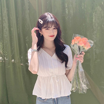 2022 Summer new French style small fragrant wind Advanced sensation cashew lotus leaf lace lower swing v collar short sleeve shirt blouses woman