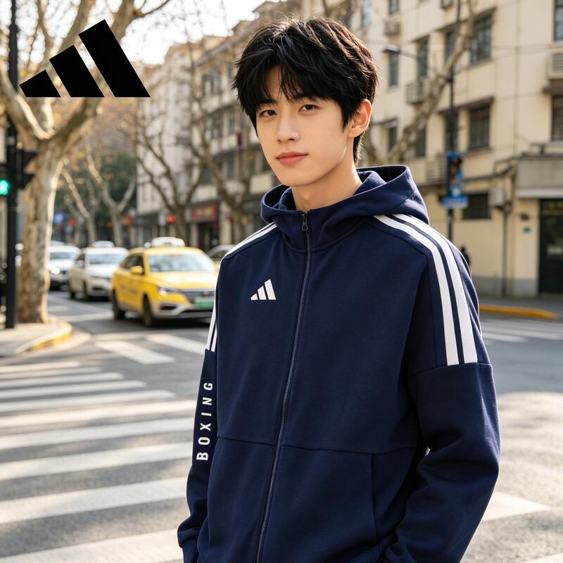 Adidas Adidas Navy Blue Jacket Men's Autumn and Winter Hooded Loose Jacket Versatile Casual Warm Clothing