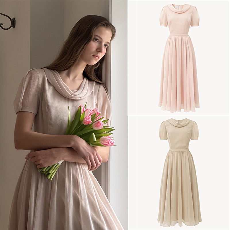 Xthemcaps Korean B@U Elegant Draped Collar Mesh Pleated Slimming Dress Xthemcaps Korean B@U Elegant Draped Collar Mesh Pleated Slimming Dress