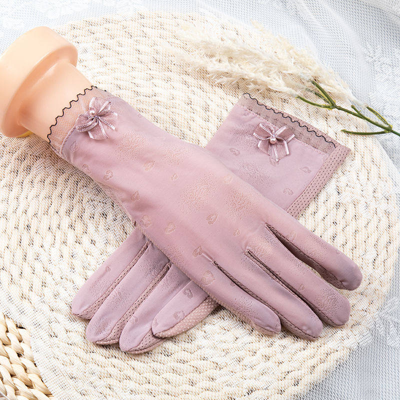 Summer slim all-finger touch screen sunscreen Gloves Female Ice Silk Lace elastic anti-slip driving riding electric car