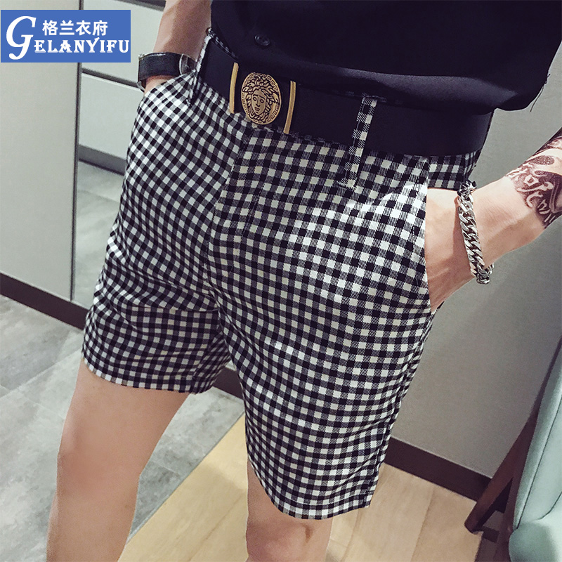 Society Little Guy Suits Shorts Men's Body Uppie Summer 30% Pants Slim Fit Plaid Western Pants Trendy Casual Mid Pants-Taobao