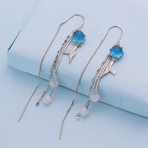 s925 sterling silver Korean style fashionable cats eye stone earrings for women light luxury long earrings feminine fishtail tassel earrings