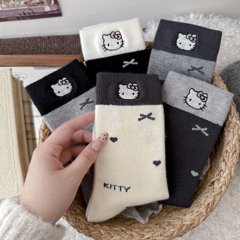 Embroidered Kitty Cat Color-Blocked Mid-Calf Socks, Korean Style Cute Cartoon Socks, Trendy Socks for Autumn and Winter, Warm Embroidered Kitty Cat Color-Blocked Mid-Calf Socks, Korean Style Cute Cartoon Socks, Trendy Socks for Autumn and Winter, Warm