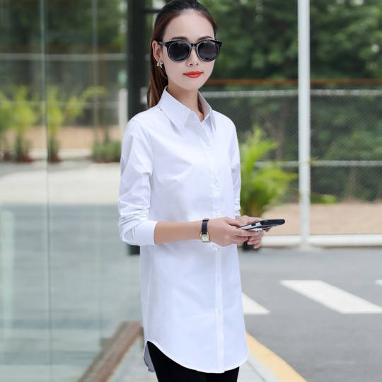 White blouse mid-length long-sleeved chiffon shirt dress fashion all-match Korean version loose large size summer sun protection clothing BF