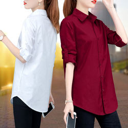 White blouse mid-length long-sleeved chiffon shirt dress fashionable and versatile Korean style loose plus size summer sun protection clothing BF