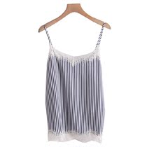 West Lake Pavilion (S) high-end spring wear V-collar lace stitching striped Tencel S489 cut mark