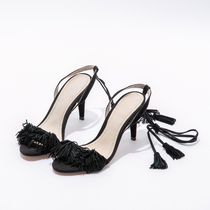 West Lake Pavilion (S) spring and summer tassel lace leakage foot tassel lace-up 8CM high heel leather sandal S737