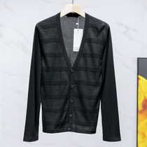 Mens West Lake Pavilion Old (Yu) Autumn wear low collar single-breasted long-sleeved striped knit shirt YP402 cut mark