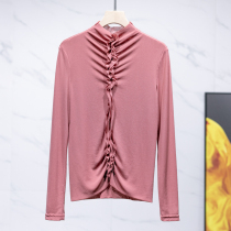 West Lake Pavilion (ZE) spring half high collar fold lace elastic long sleeve bottom T-shirt ZF277