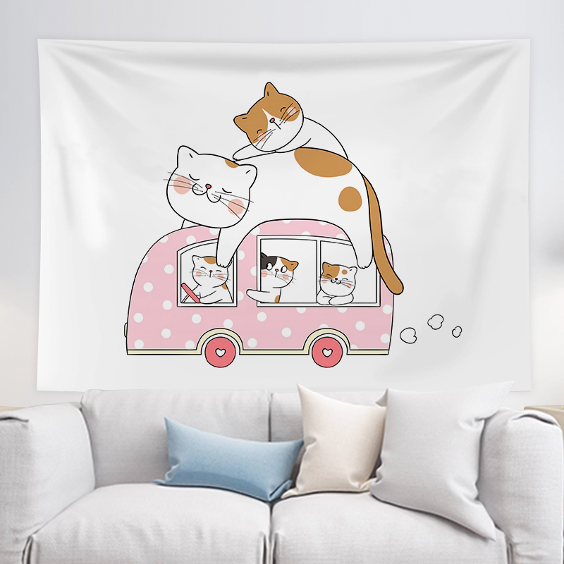 Hanging Buins Background Cloth Mesh Red Girl Hearts Pink Cute Cartoon Kittens Dorm Room Bedside Wall Cloth Tapestries