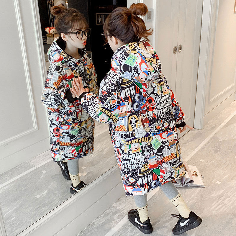Girl's down clothes in cotton clothes Long version 2021 winter clothing jacket CUHK Scout 12 year old girl thickened cotton clothes