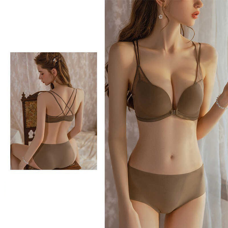 Victoria's Secret Lingerie for Women, Push-Up Bra for Small Busts, Front Buckle, Sexy, Autumn and Winter, Wireless, Seamless, Thin, Beautiful Back Bra Set