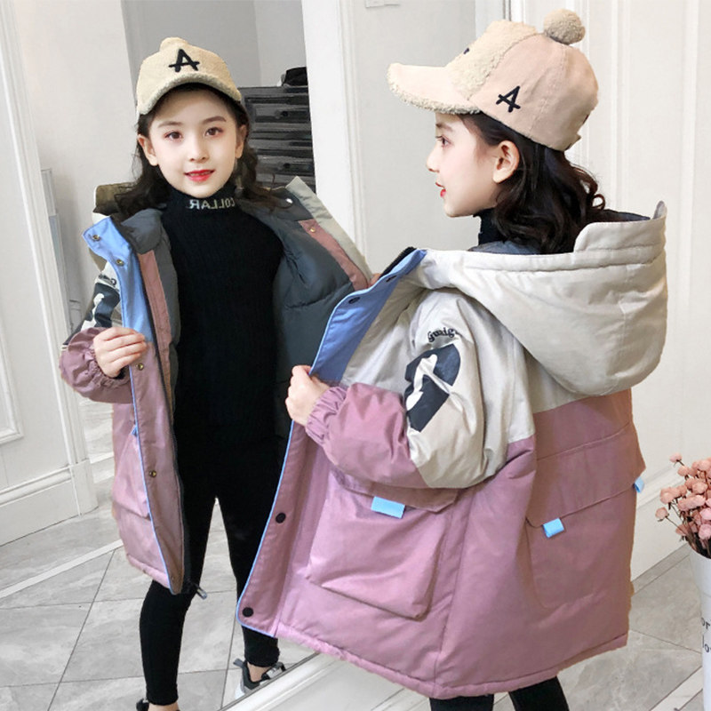 South Korea 2021 winter girls cotton clothes winter clothes in the big boy foreign atmosphere plus thick color patchwork mid-length hooded cotton jacket jacket