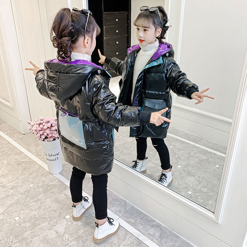 Girl Down Cotton Clothing Bright Face Medium Long Version 2021 Thickened Foreign Pie Children White Duck Suede Winter Clothing Large Jacket Tide