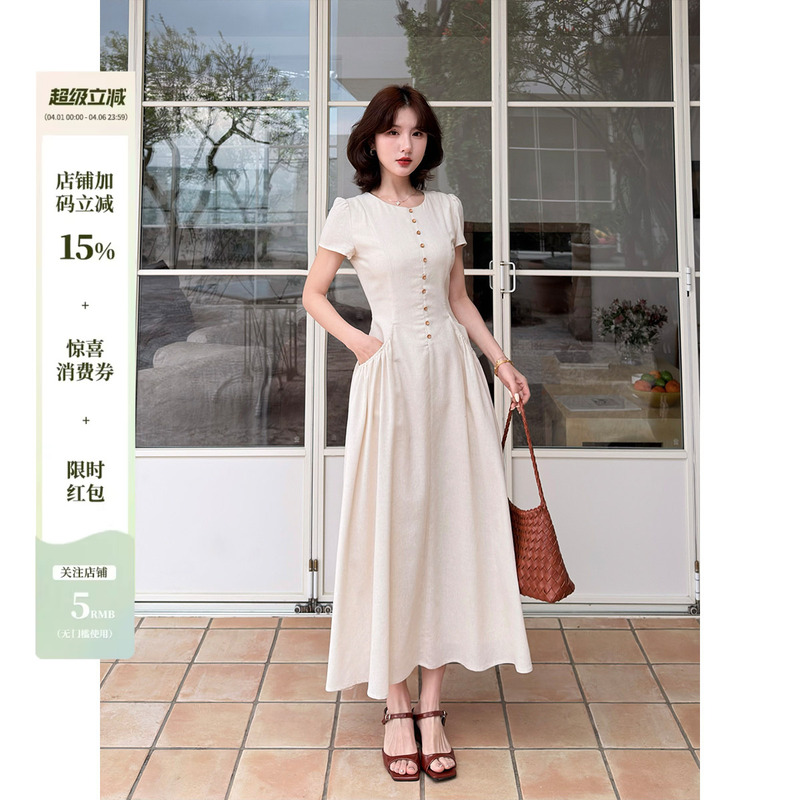 Lei Yingjun【Voice of Summer】Summer French-Style Linen Waist-Cinching Slimming High-End Elegant A-Line Dress for Women
