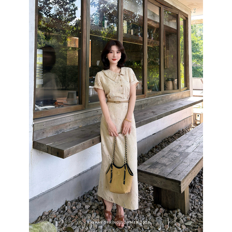 Lai Yingjun [Gentle Protagonist] Beige Lace Dress for Women, Summer, Lapel, Single-Breasted, Waist-Cinching, Elegant, Long Style