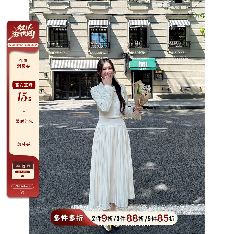 Lei Yingjun【Plain White Clear Moon】Early Autumn Gentle Style Suit Collar Buttoned Waist-Cinching Pleated Long-Sleeve Commuting Dress Lei Yingjun【Plain White Clear Moon】Early Autumn Gentle Style Suit Collar Buttoned Waist-Cinching Pleated Long-Sleeve Commuting Dress