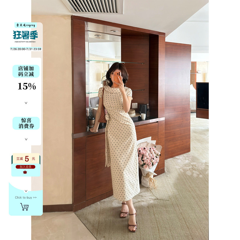 Lei Yingjun [Second-Hand Holiday] French Retro Large Lapel Dress Summer Polka Dot Waist-Cinching Tie Slit Long Dress