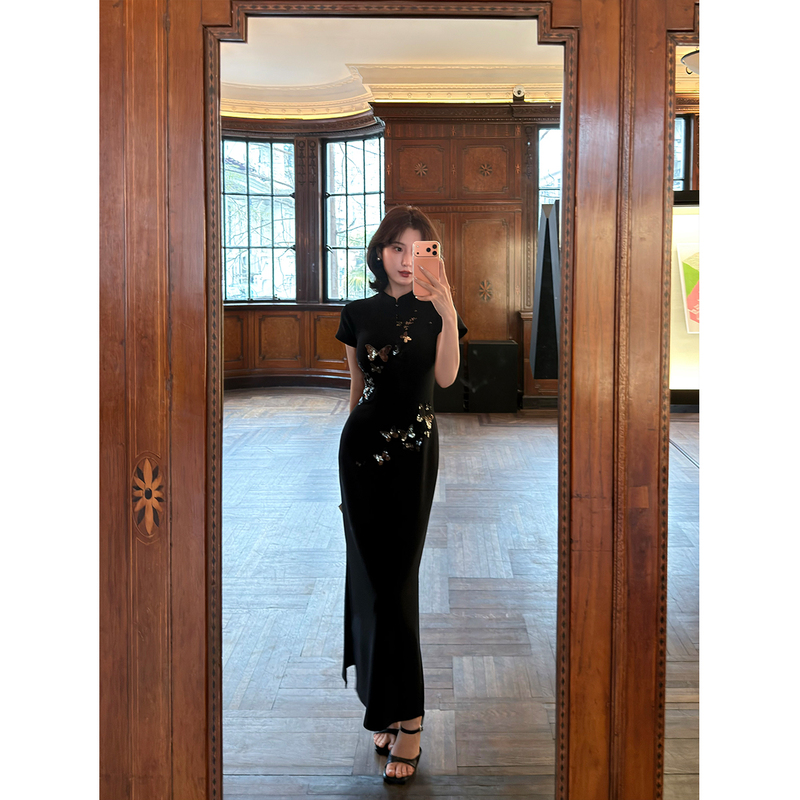 New Chinese Style National Trend [Butterfly Whisper] Butterfly Sequin Modified Cheongsam Dress for Women, Summer Waist-Cinching Long Dress