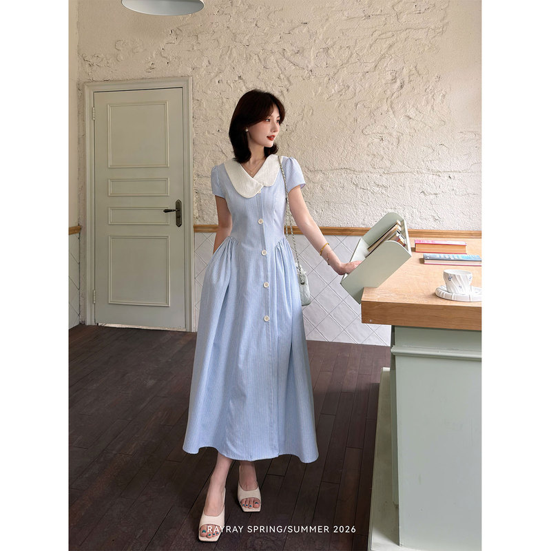 Lei Yingjun【Sea Salt Clear Sky】College Style Blue and White Striped Dress for Women, Summer Doll Collar Buttoned Waist-Cinching Long Dress Lei Yingjun【Sea Salt Clear Sky】College Style Blue and White Striped Dress for Women, Summer Doll Collar Buttoned Waist-Cinching Long Dress