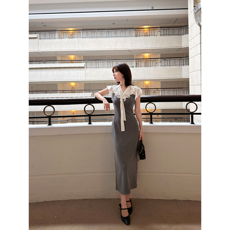 Lei Yingjun [Herman's Appointment] Japanese-Style Commuter Color-Blocked Ruffle Ribbon Dress Summer Waist-Cinching Knit Dress