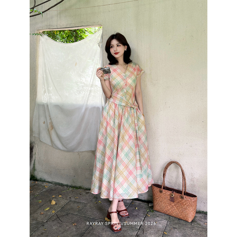 Lei Yingjun [Spring Macaron] French-Style Colorful Plaid Dress V-Neck Waist-Cinching Slimming A-Line Long Dress