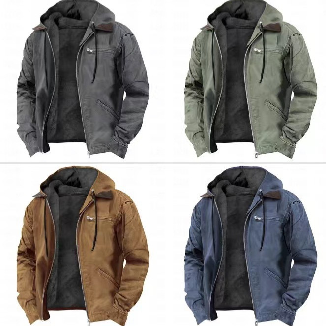 Cross-Border Exclusive Supply for Amazon, Best-Selling European and American Casual Men's Clothing, Solid Color Hooded Fleece-Lined Zip Pocket Jacket