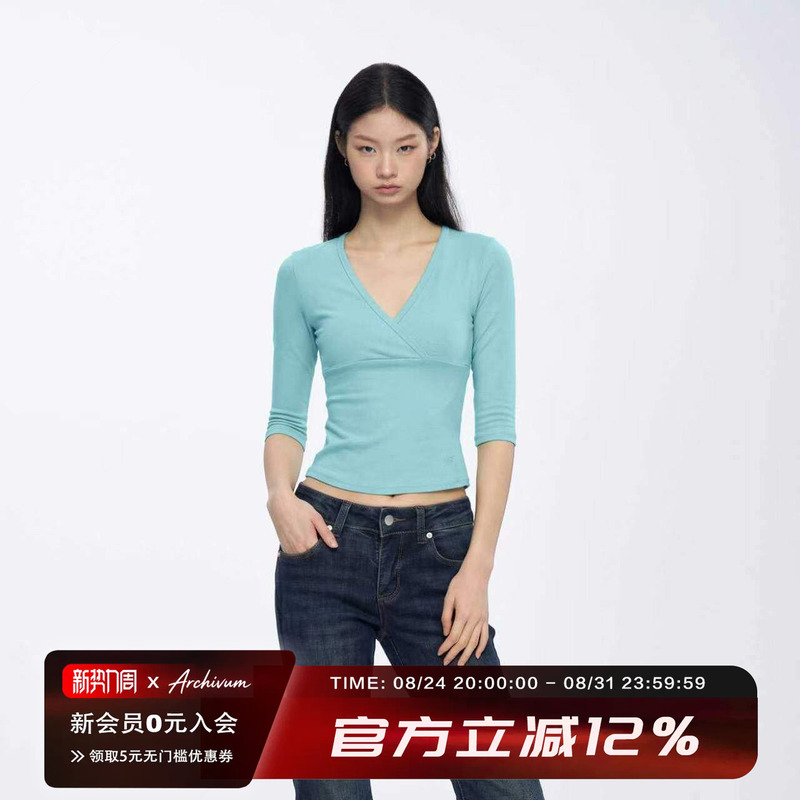 Archivum Cross Deep V-Neck Low-Cut Mid-Sleeve Slim-Fitting Sexy T-Shirt Top for Autumn