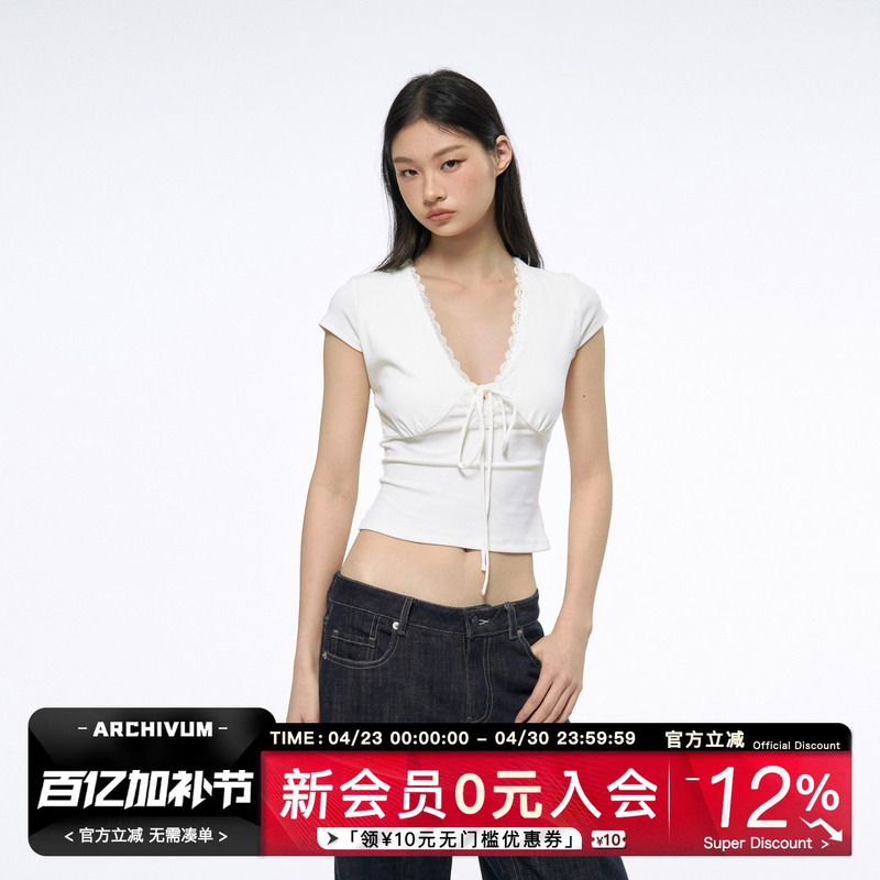 Archivum American-Style Deep V-Neck Lace-Trimmed Short-Sleeve Slim-Fit Sexy Versatile T-Shirt