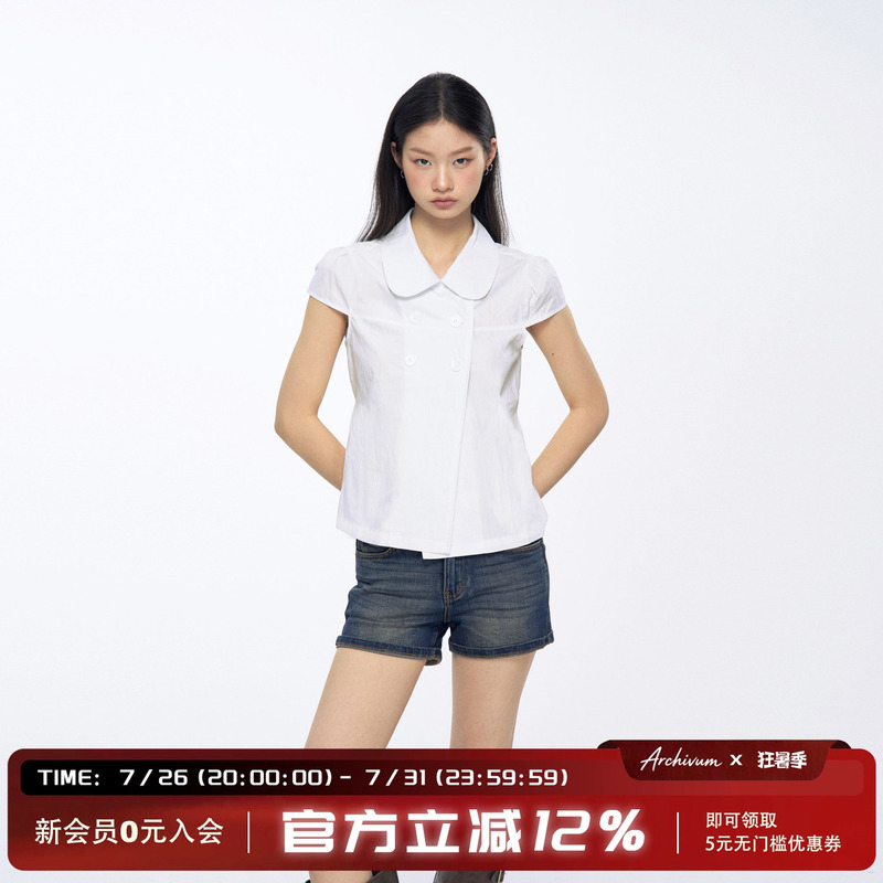 Archivum Summer Vintage Double-Breasted Shell Button Doll Collar Shirt with Waist-Cinching Design and Short Sleeves Archivum Summer Vintage Double-Breasted Shell Button Doll Collar Shirt with Waist-Cinching Design and Short Sleeves