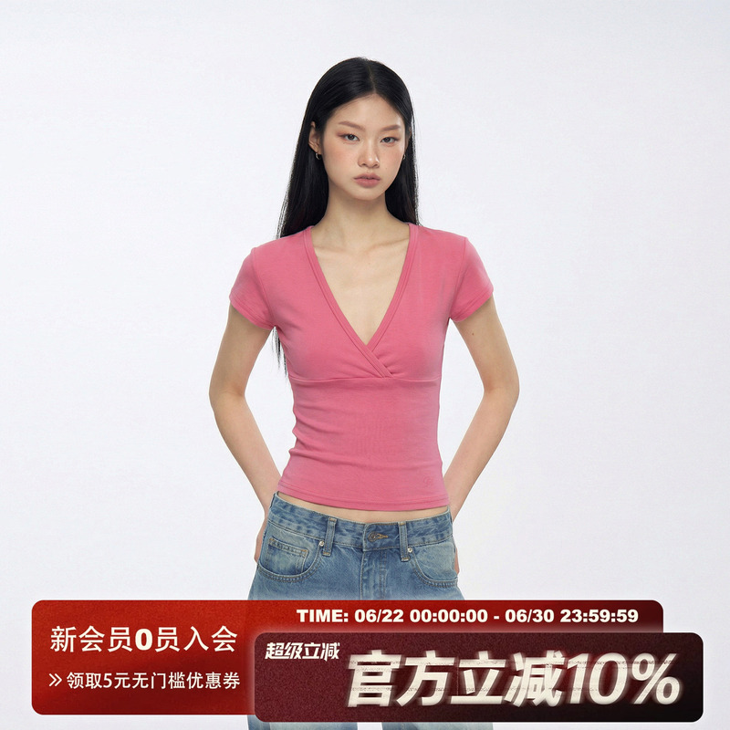 Archivum Basic Deep V-Neck Low-Cut Slim-Fit Base Short-Sleeve Slimming Tight-Fitting Sexy Versatile T-Shirt Top